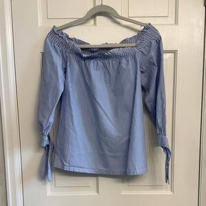 LOFT Blue Pinstripe Off-Shoulder Blouse